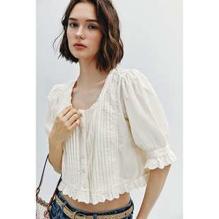 法式 重工压褶 蕾丝花边短袖 塔克褶短款 现货 箱型衬衫 俏皮温柔