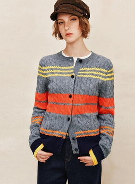 【爆款翻单】1OO%羊毛 彩虹条纹绞花圆领长袖针织开衫毛衣外套女