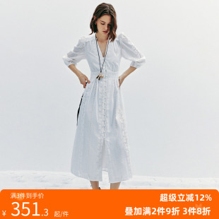 度假风V领泡泡袖 法式 重工定位剪裁 打揽高收腰连衣裙 左岸月光