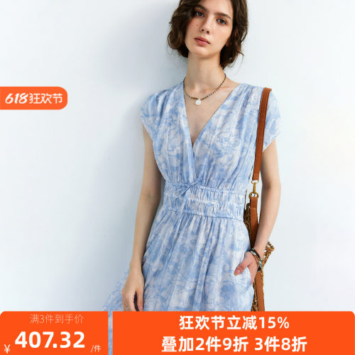 现货【清丽素净】桑蚕丝+精梳棉法式V领袖松紧打揽收腰印花连衣裙