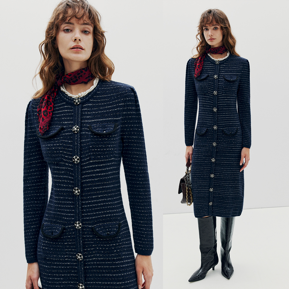 现货 富家千金【区别市场】小香风复古收腰羊毛针织直筒h型连衣裙