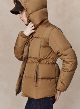 25秋冬饼干色 90白鹅绒 可拆卸连帽松紧收腰绗缝面包服羽绒服女