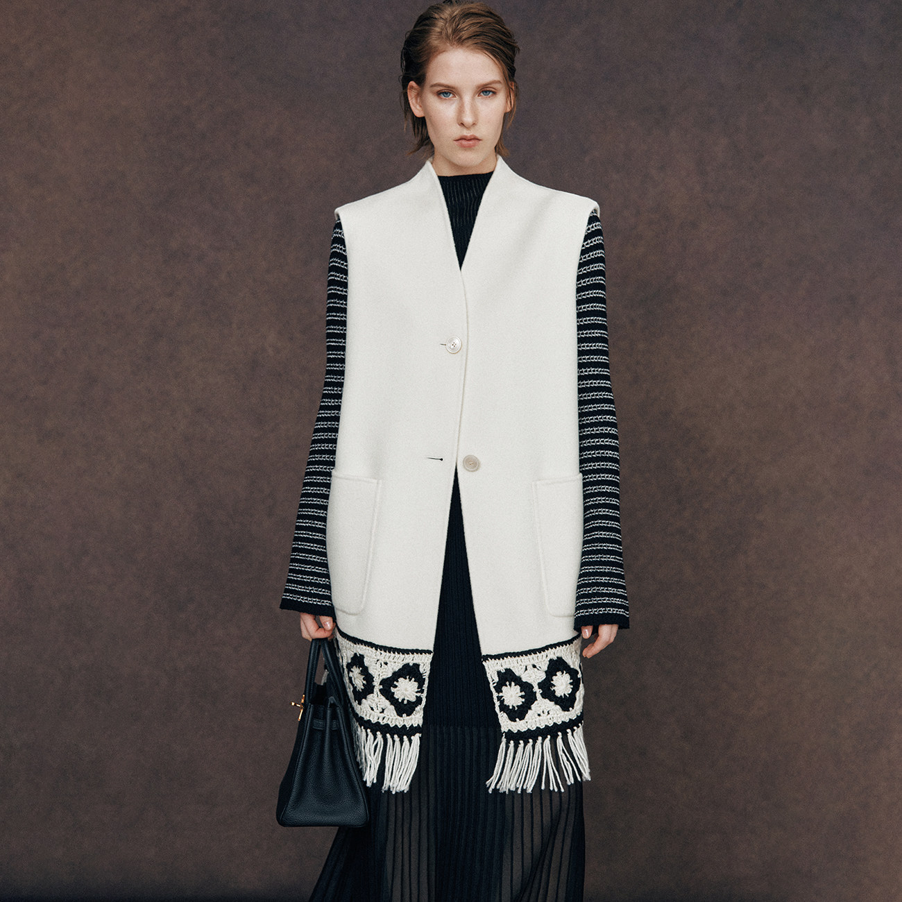 复古风V领无袖双面呢马甲外套女