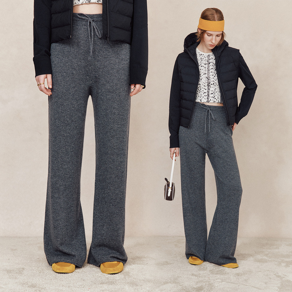 松紧腰抽绳直筒微阔针织休闲裤