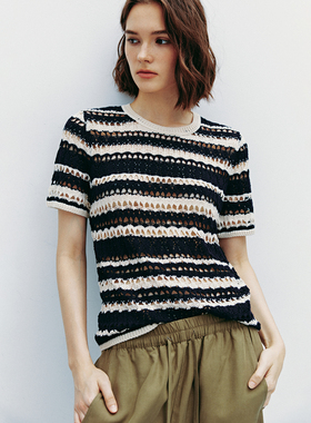 现货【怒推】羊毛+桑蚕丝 小香风条纹镂空钩花圆领短袖针织衫上衣