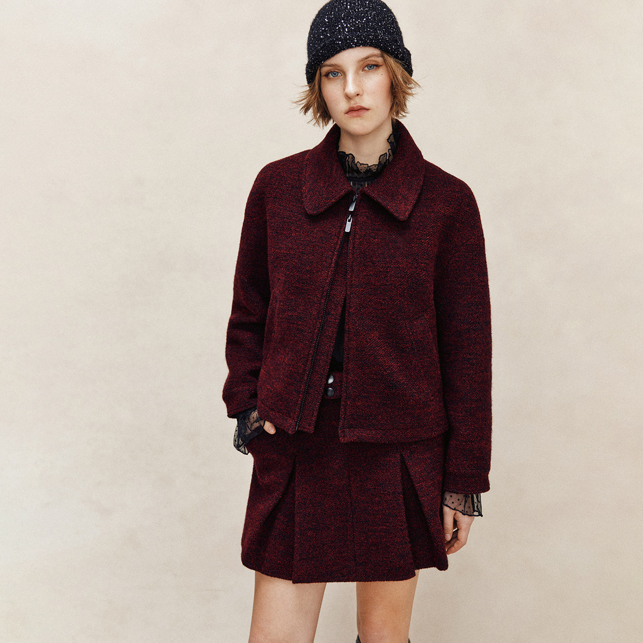 【氛围美物】羊毛混纺粗呢面料 翻领短款花纱夹克+A字半裙套装女,女装/女士精品,时尚套装,淘宝优惠券,粉丝福利购,淘宝优惠卷