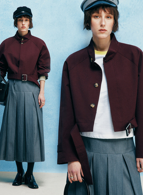 【美白滤镜】 勃艮第酒红 复古立领系带宽松休闲短款夹克外套女