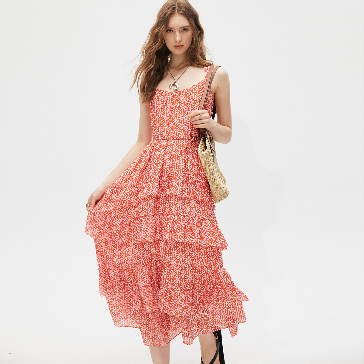 印花吊带A字高腰连衣裙