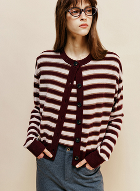 【重奢品质】羊毛+羊绒 安可拉红色条纹针织背心+圆领开衫套装女