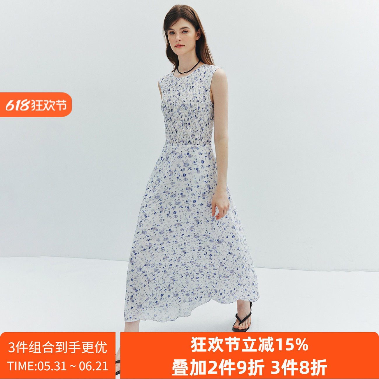 现货【风传花信】重工打揽 度假圆领无袖花卉印花收腰碎花连衣裙