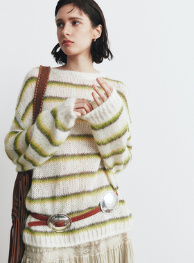 现货【慵懒惬意】绵羊毛+马海毛 圆领长袖宽松落肩条纹针织衫毛衣