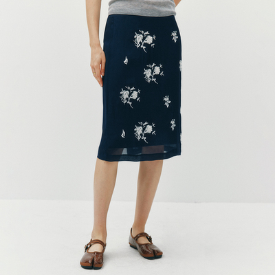 重工刺绣钉珠松紧腰蕾丝花边半裙