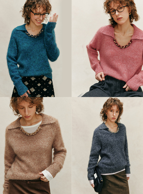 【软糯轻盈】1OO%绵羊毛 重工拉毛法式剪刀V领宽松套头毛衣女