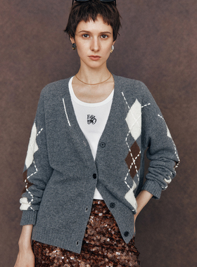 【高智学院风】绵羊毛+山羊绒 菱格纹提花手工勾线针织开衫外套