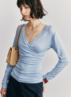 糯软造型感/ 天丝羊毛 /交叠式V领捏褶收腰长袖针织打底衫上衣女