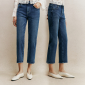 经典 小个子入 型 中高腰直筒高弹紧致显瘦九分牛仔裤 王·牌裤