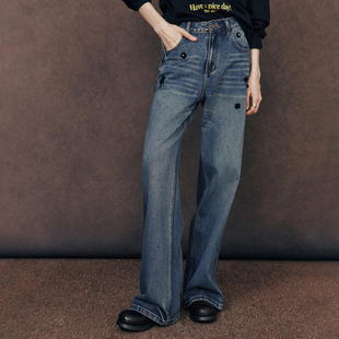 立体花朵装 重工烫钻 饰中高腰直筒宽松阔腿牛仔裤 拒绝平庸