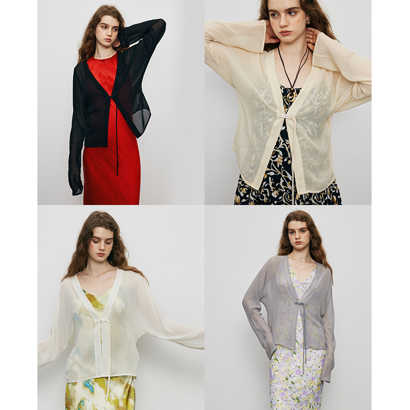 薄款透视新中式V领盘扣衬衫