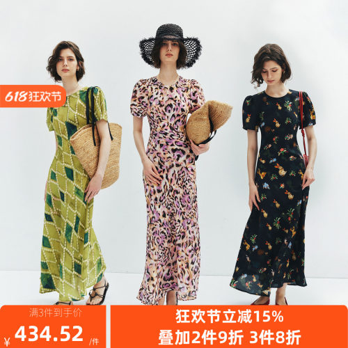 【爆款翻单】1OO%桑蚕丝 法式小雏菊印花收腰连衣裙茶歇裙裙子女