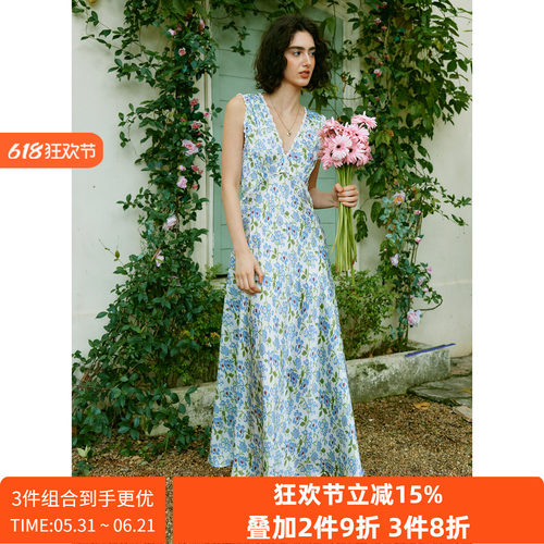 【璎蓝】100%桑蚕丝 法式蕾丝边斜裁系带收腰真丝缎长款连衣裙