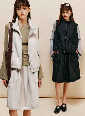 【轻盈温暖】定制压褶面料 日系立领褶皱夹棉马甲+松紧腰半裙套装