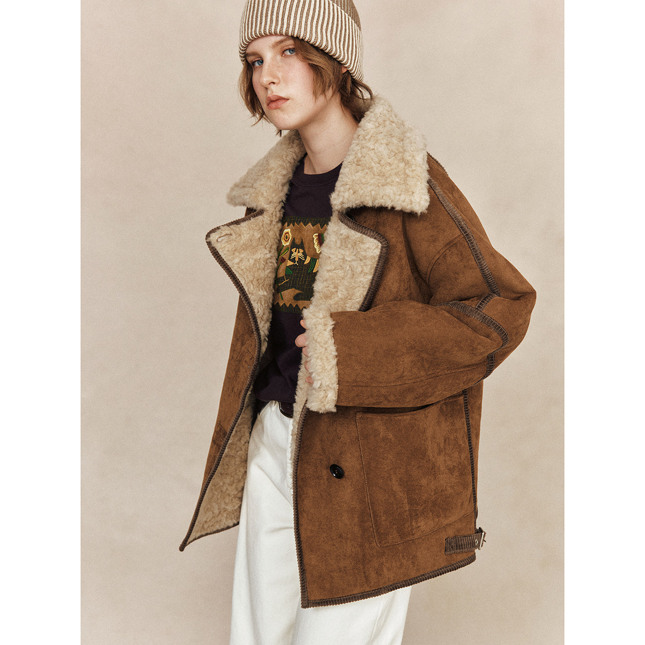 1OO%羊毛 韩版宽松小廓形环保皮毛一体皮草外套