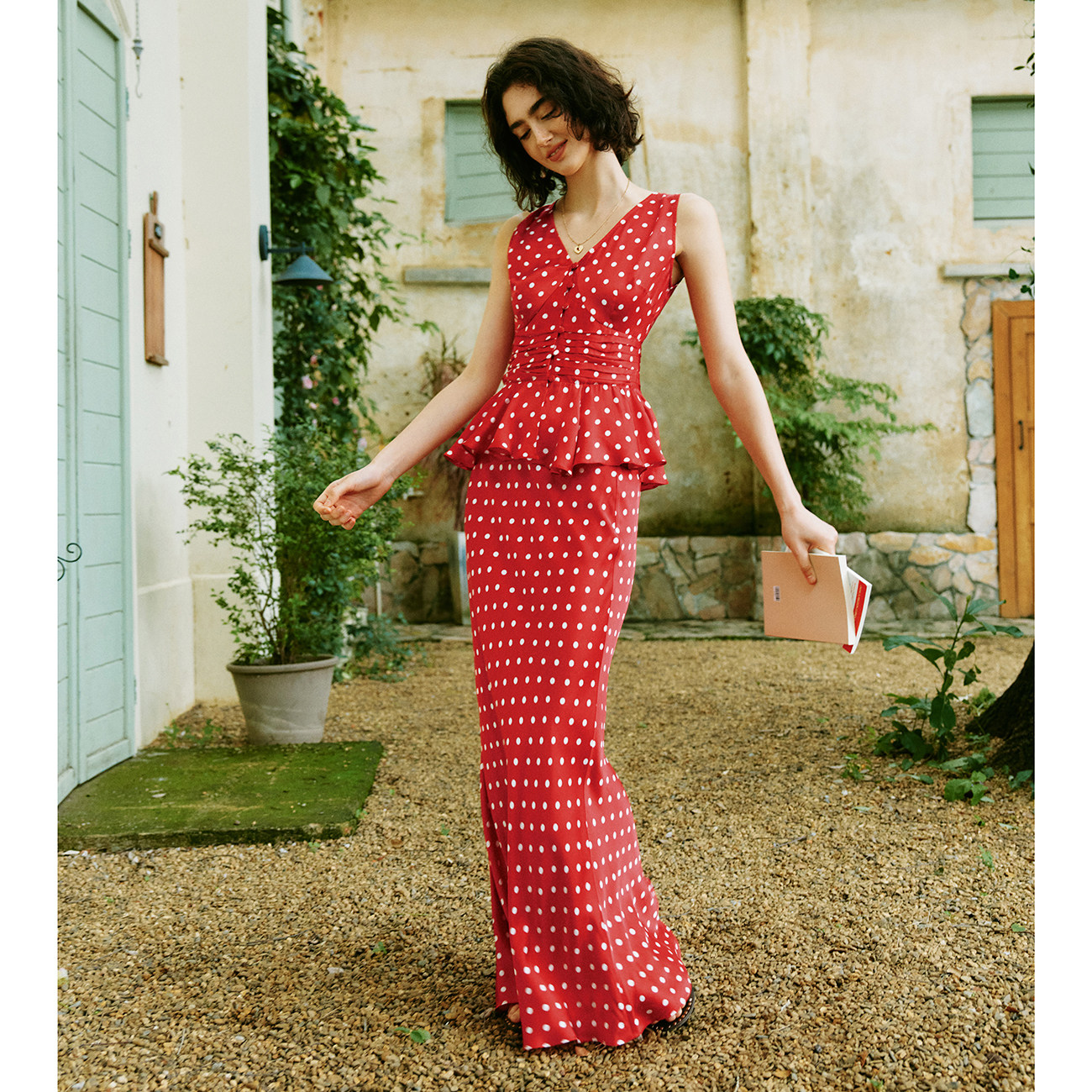 现货【浪漫普调】气质优雅 V领波点背心松紧高腰鱼尾半裙女套装女,女装/女士精品,时尚套装,淘宝优惠券,粉丝福利购,淘宝优惠卷