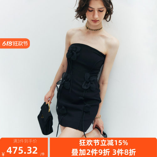【精心雕琢】轻礼服裙 小众设计立体花朵装饰抹胸收腰连衣裙短裙