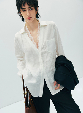 【春天的情人】1OO%亚麻 法式慵懒蕾丝风拼接深V领宽松衬衫女