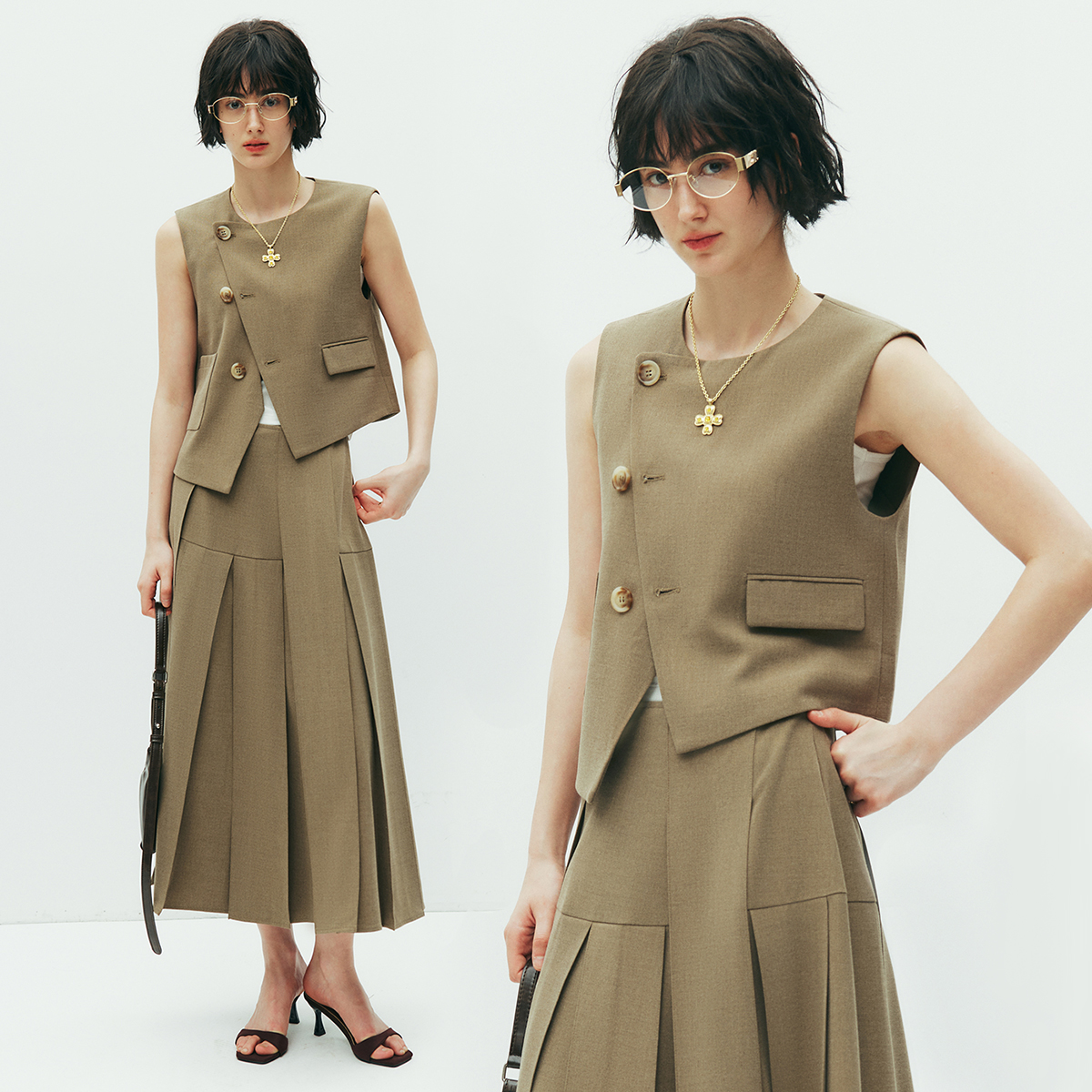 现货【爆款加单】老钱风不对称剪裁抗皱西装马甲+压褶半裙套装女