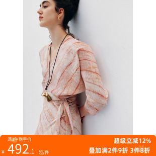 中长款 晕染印花V领围裹系带七分袖 法式 连衣裙 真丝艺术宣言