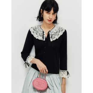 复古风蕾丝拼接针织开衫 法式 1OO%美丽诺羊毛 上衣 古典美人