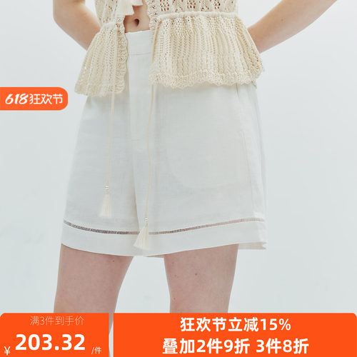 现货【腿精醉爱】1OO%亚麻 含里衬半松紧腰A字蕾丝镂空拼接短裤女