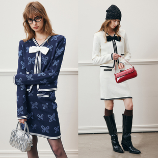 上衣 小香风蝴蝶结提花针织开衫 松紧腰包臀半裙套装 一眼心动