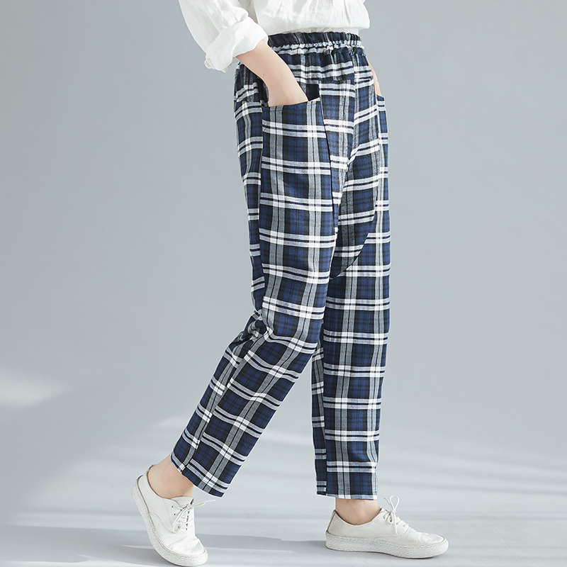 Spring new Harlem pants women's Retro Plaid Pocket casual pants loose pants