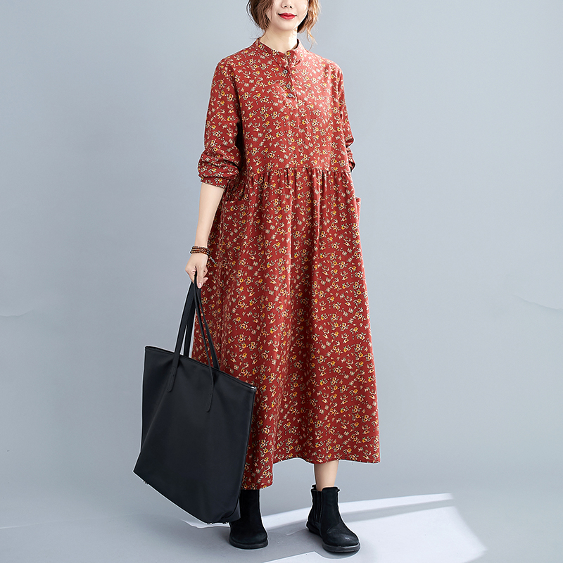 Real shot cotton linen dress mid long autumn 2020 new casual art printed long sleeve bottomed skirt