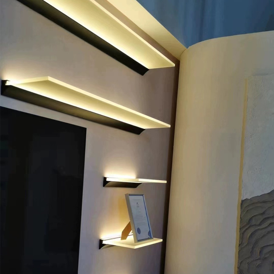 led发光置物架 一字挂墙壁式夹玻璃层板搁板灯酒柜鞋包手办展示架