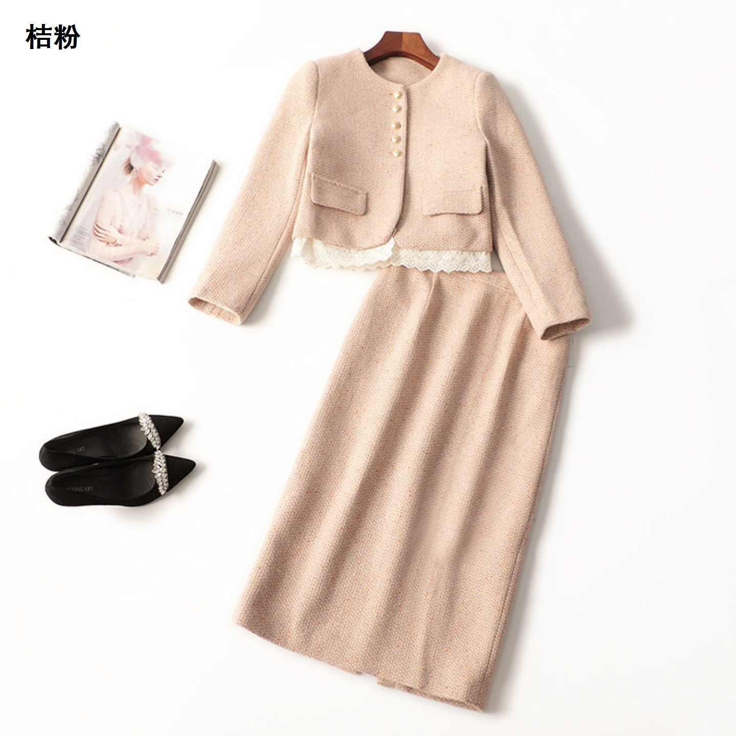 245096 冬粗纺毛呢羽绒长袖长款外套+半身裙套装深圳铭