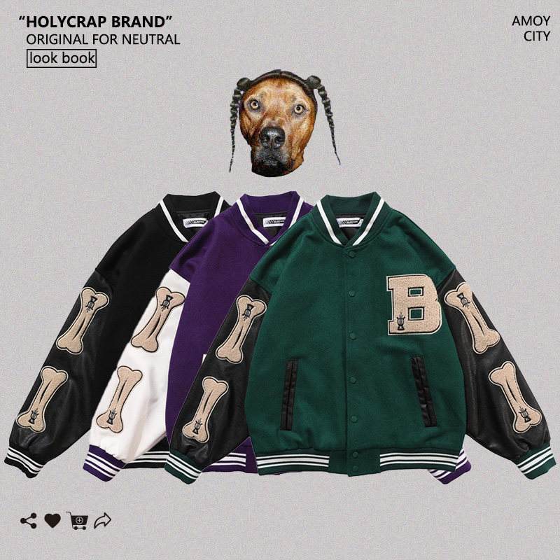 holycrap国潮刺绣美式外套hiphop嘻哈宽松短款棒球服潮牌情侣夹克