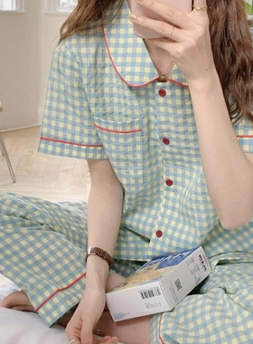 日本小众GP娃娃领格子睡衣女纯棉短袖春夏韩版ins薄款家居服套装