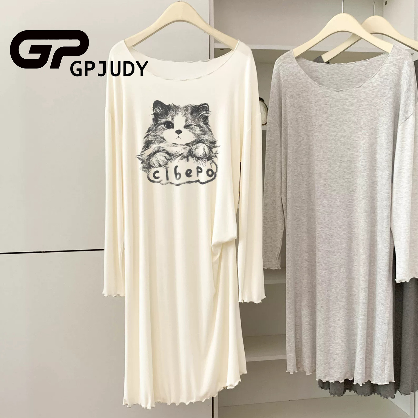 日系GP可爱卡通猫咪睡裙女春秋新款莫代尔棉圆领长袖长款薄款睡衣
