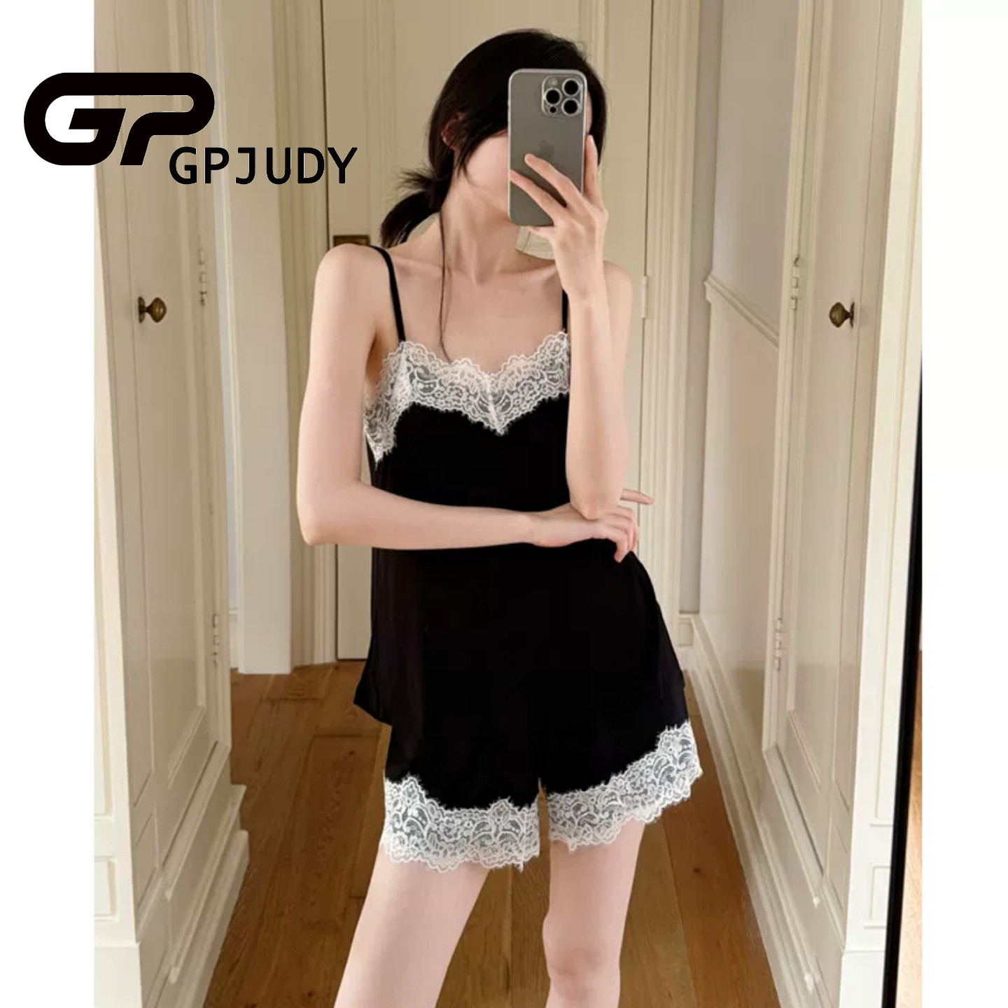 日系GP夏季新款吊带睡衣女款莱赛尔蕾丝花边露背性感夏天短裤家居