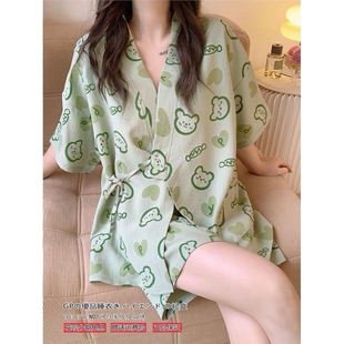 日本GP绿色小熊和服睡衣女夏天纯棉短袖套装女款家居服夏款可外穿