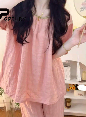 日本小众GP纯棉绸睡衣女夏季短袖长裤家居服套装可外穿薄款柔软夏