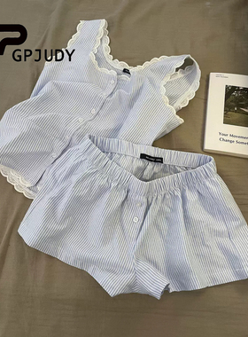 日本GP&JP韩版时尚条纹花边领背心睡衣女夏季新款短裤家居服套装