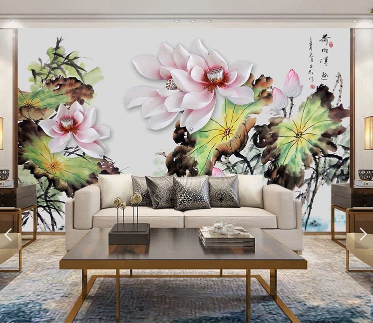 国画荷花浮雕背景墙3d浮雕装饰画书房壁画酒店宾馆办公室壁画壁纸