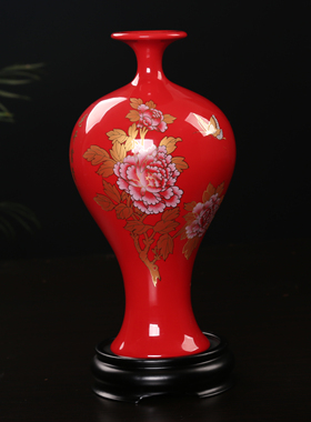 德化陶瓷中国红红瓶家居摆件