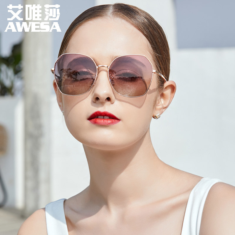 渐进浅色太阳镜女大脸显瘦圆框偏光墨镜女潮大框防紫外线眼镜方脸