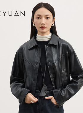 金苑小个子短款美式复古皮夹克外套女秋新时髦高级感皮衣D253110