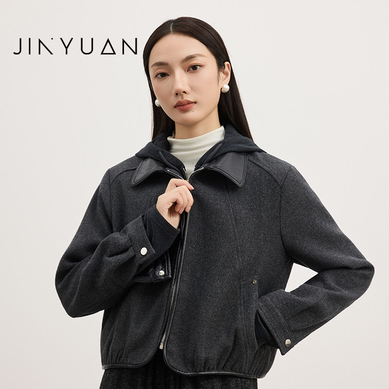 金苑小众拼皮长袖毛呢短款外套女2025冬季新款夹克上衣D255108,女装/女士精品,短外套,淘宝优惠券,粉丝福利购,淘宝优惠卷